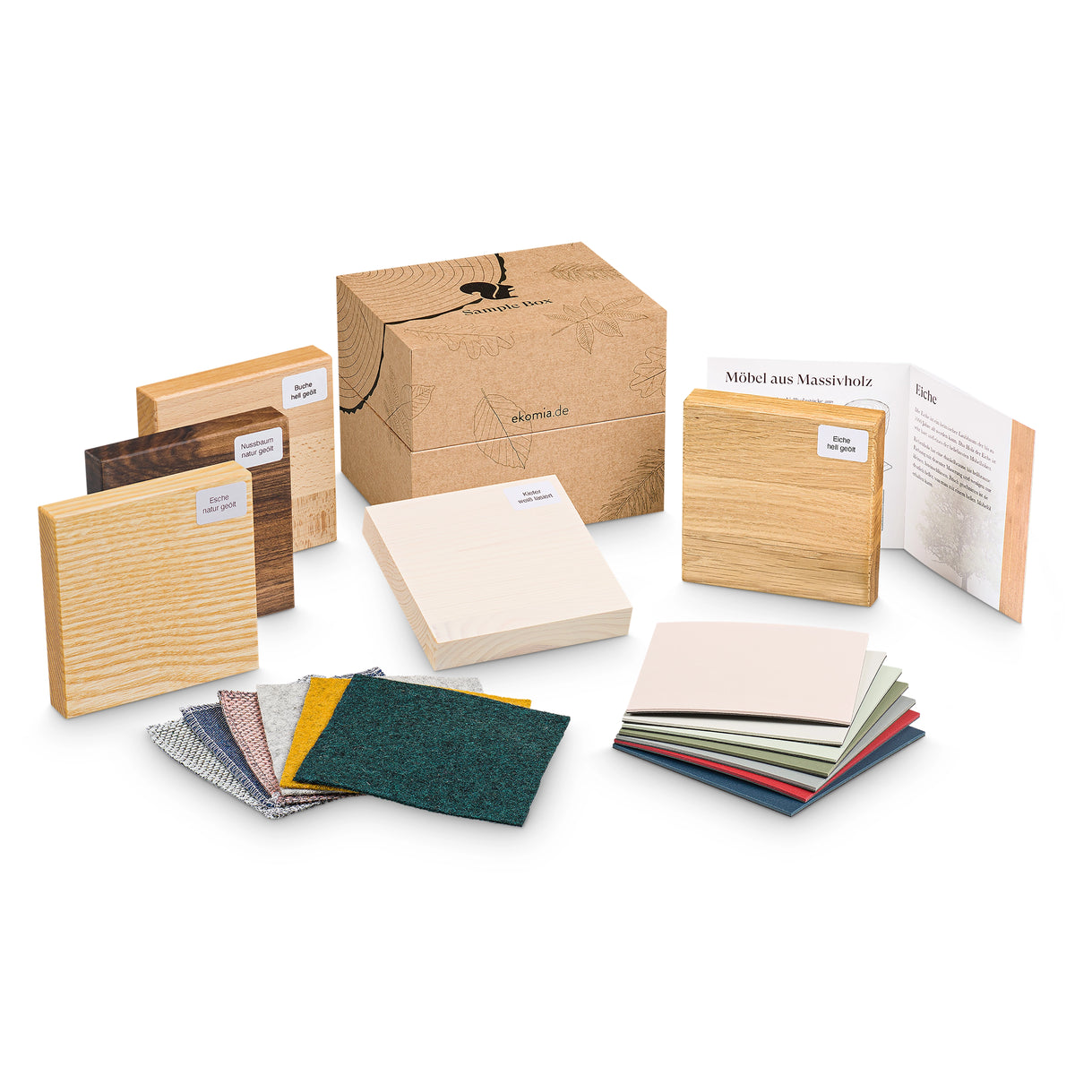 Material Muster Holz, Stoff und Linoleum