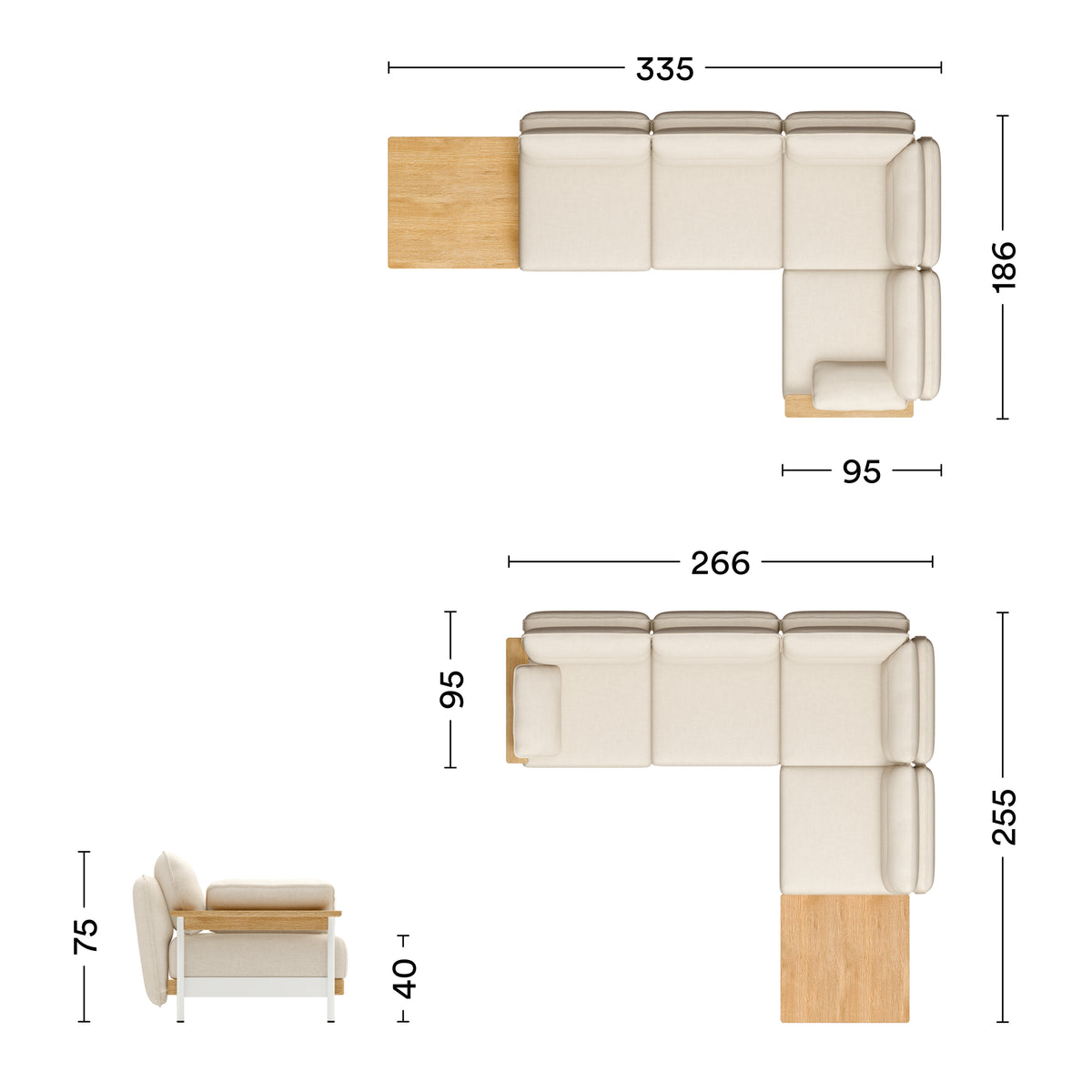 Maße Ecksofa Mio Lounge 4-Sitzer mit Tisch