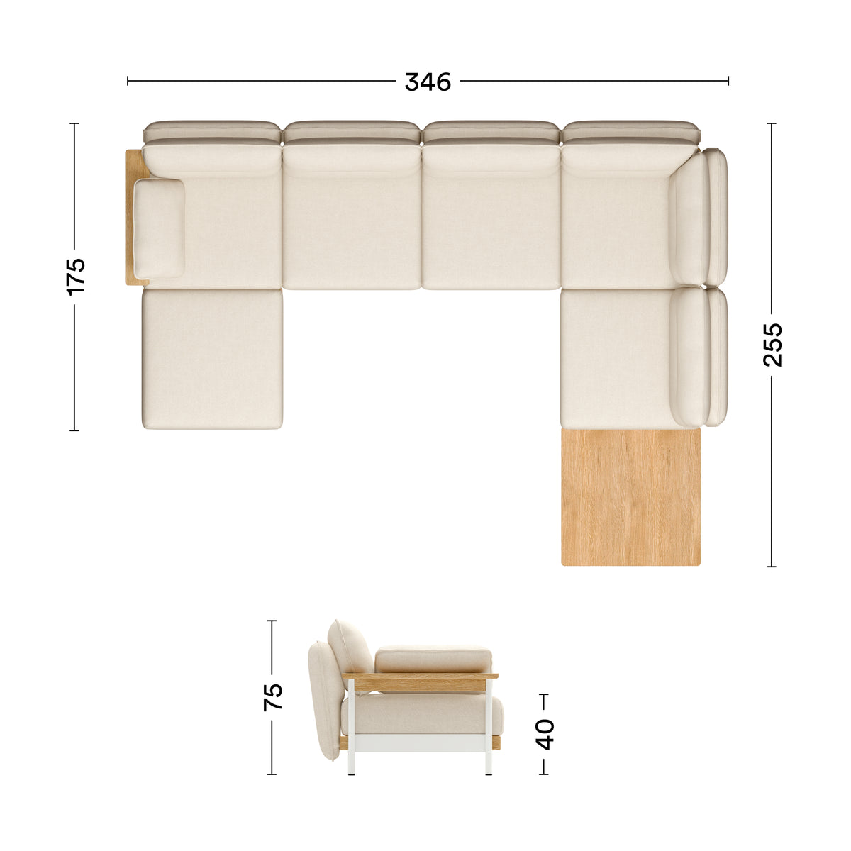Maße Ecksofa Mio Lounge 5-Sitzer mit Chaiselongue und Tisch