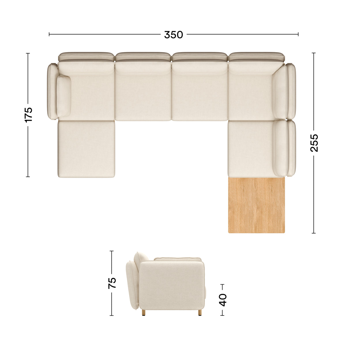 Maße Ecksofa Mio Soft Eiche 5-Sitzer mit Chaiselongue und Tisch