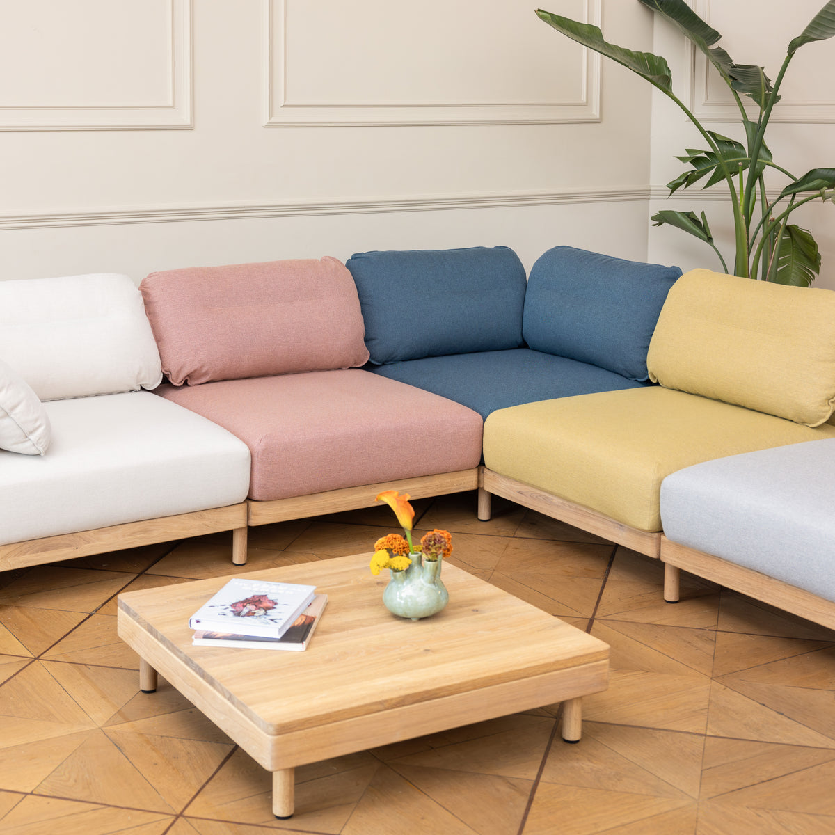 Design Ecksofa rot, blau, gelb, beige
