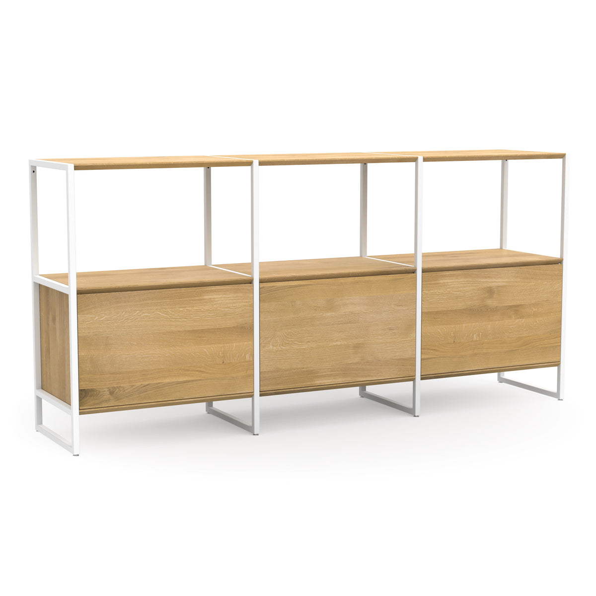 Ökologisches Highboard aus nachhaltiger Eiche mit weißem Metallrahmen