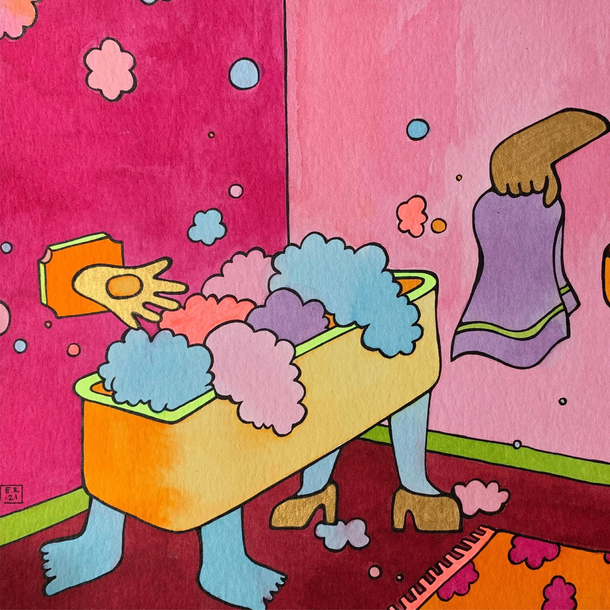 Kunst Badewanne mit Schuhen und Hände an der Wand