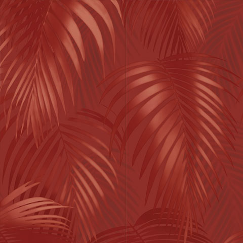 Decoro ceramico artistico con foglia rossa dipinta su fondo beige, effetto materico e pittorico a rilievo.